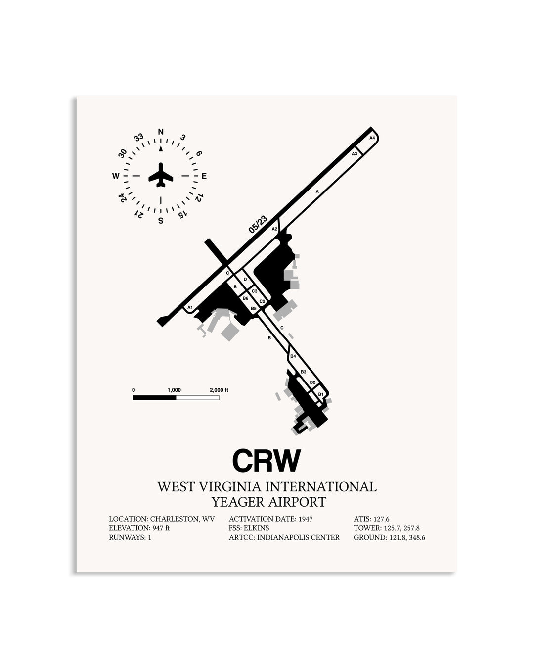 Gray West Virginia International Yeager Airport framed poster displayed in an airplane hangar
