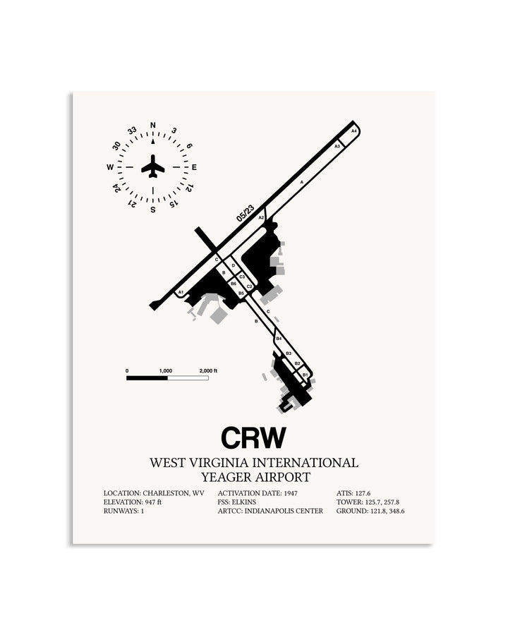 Gray West Virginia International Yeager Airport framed poster displayed in an airplane hangar
