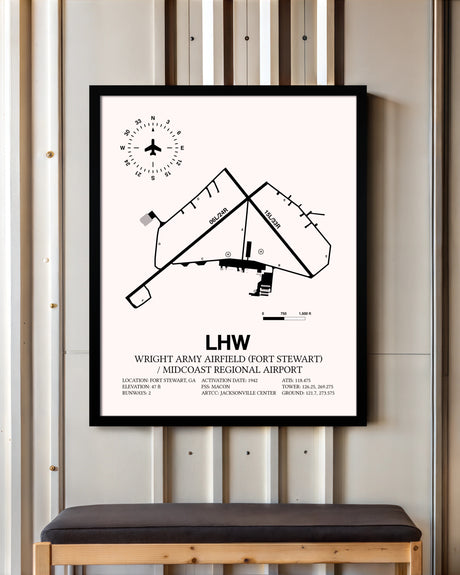 Wright Army Airfield (Fort Stewart) / Midcoast Regional Airport framed poster displayed in an airplane hangar