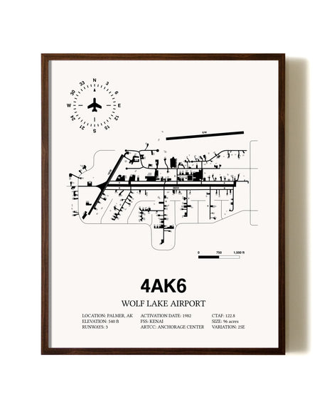 Wolf Lake Airport aviation print in walnut frame
