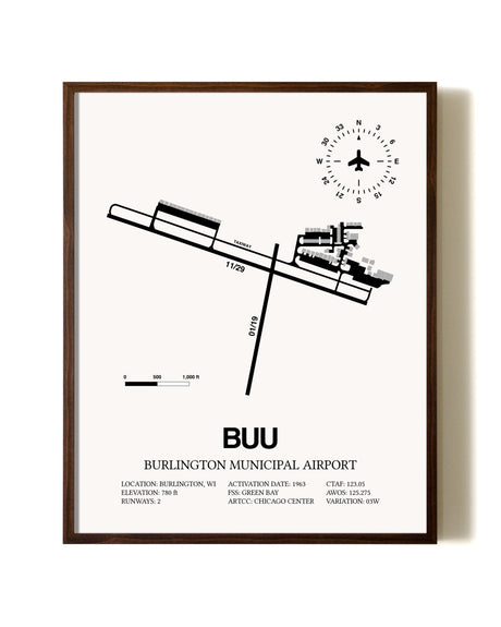 Burlington Municipal Airport aviation print in walnut frame