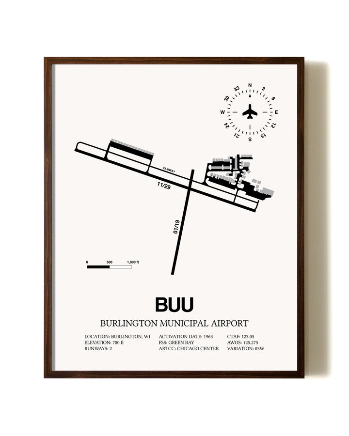 Burlington Municipal Airport aviation print in walnut frame