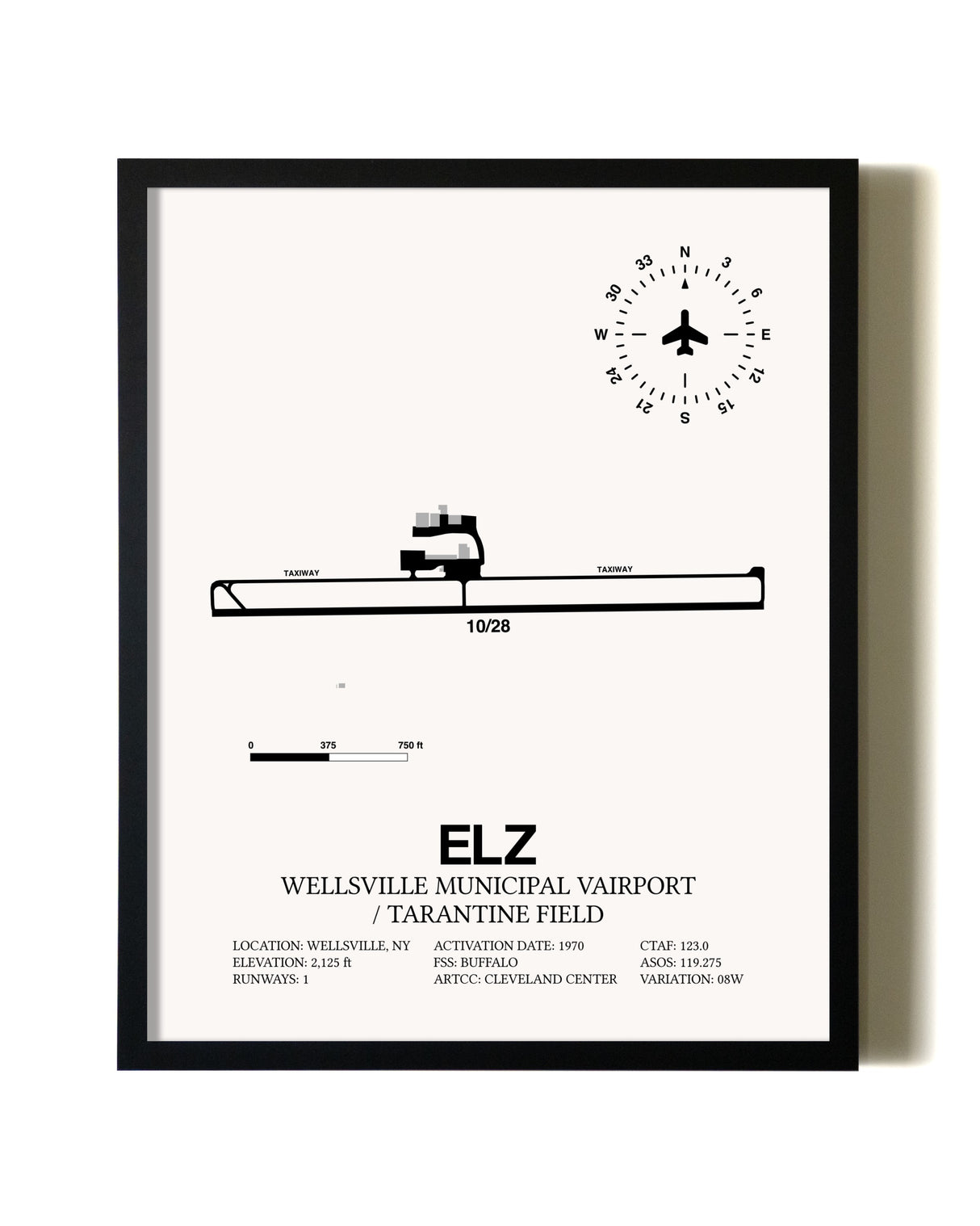 Framed Wellsville Municipal Airport / Tarantine Field wall art poster in black frame