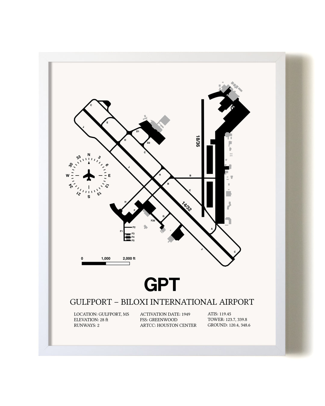 Gulfport-Biloxi International Airport airport map poster in oak frame