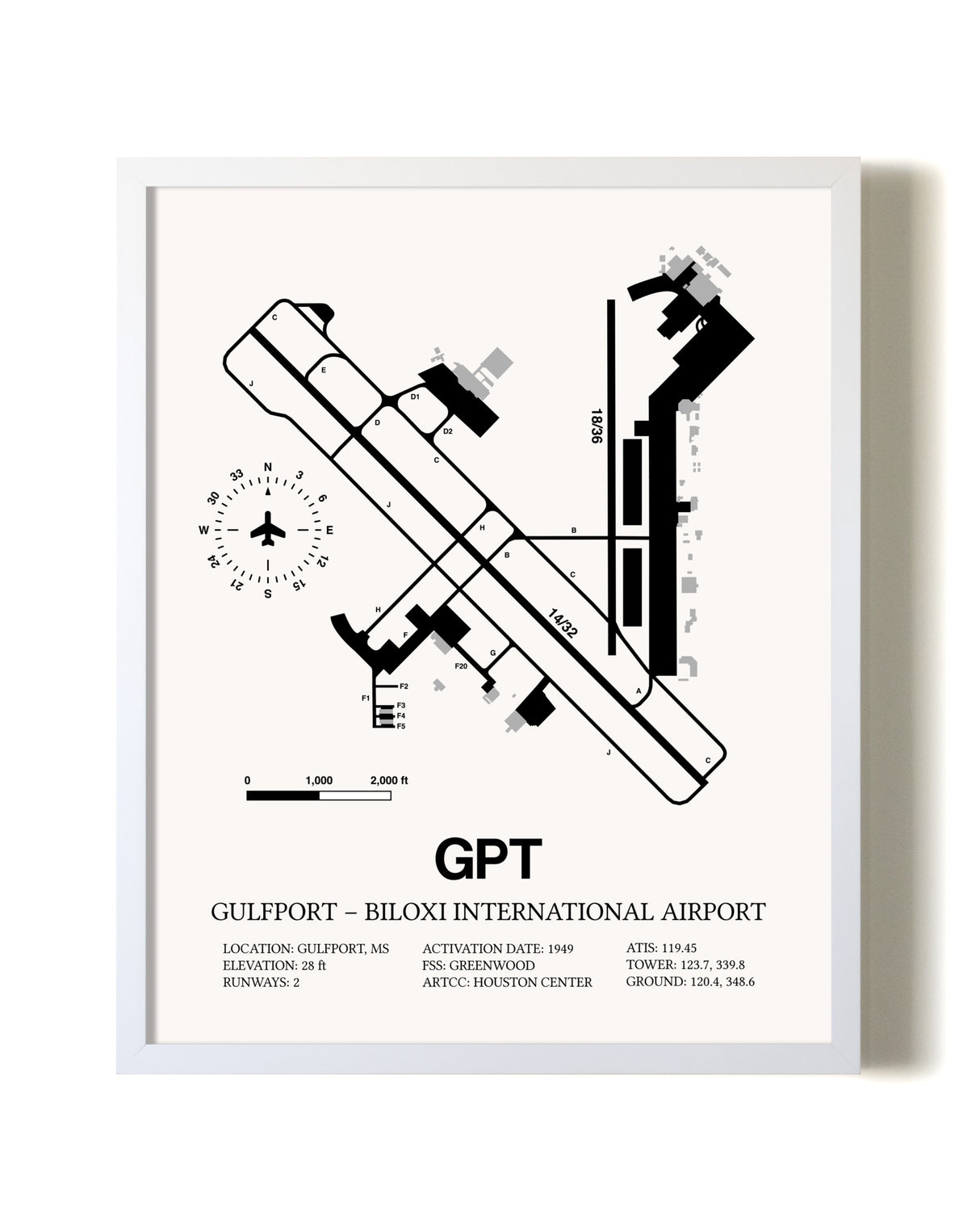 Gulfport-Biloxi International Airport airport map poster in oak frame