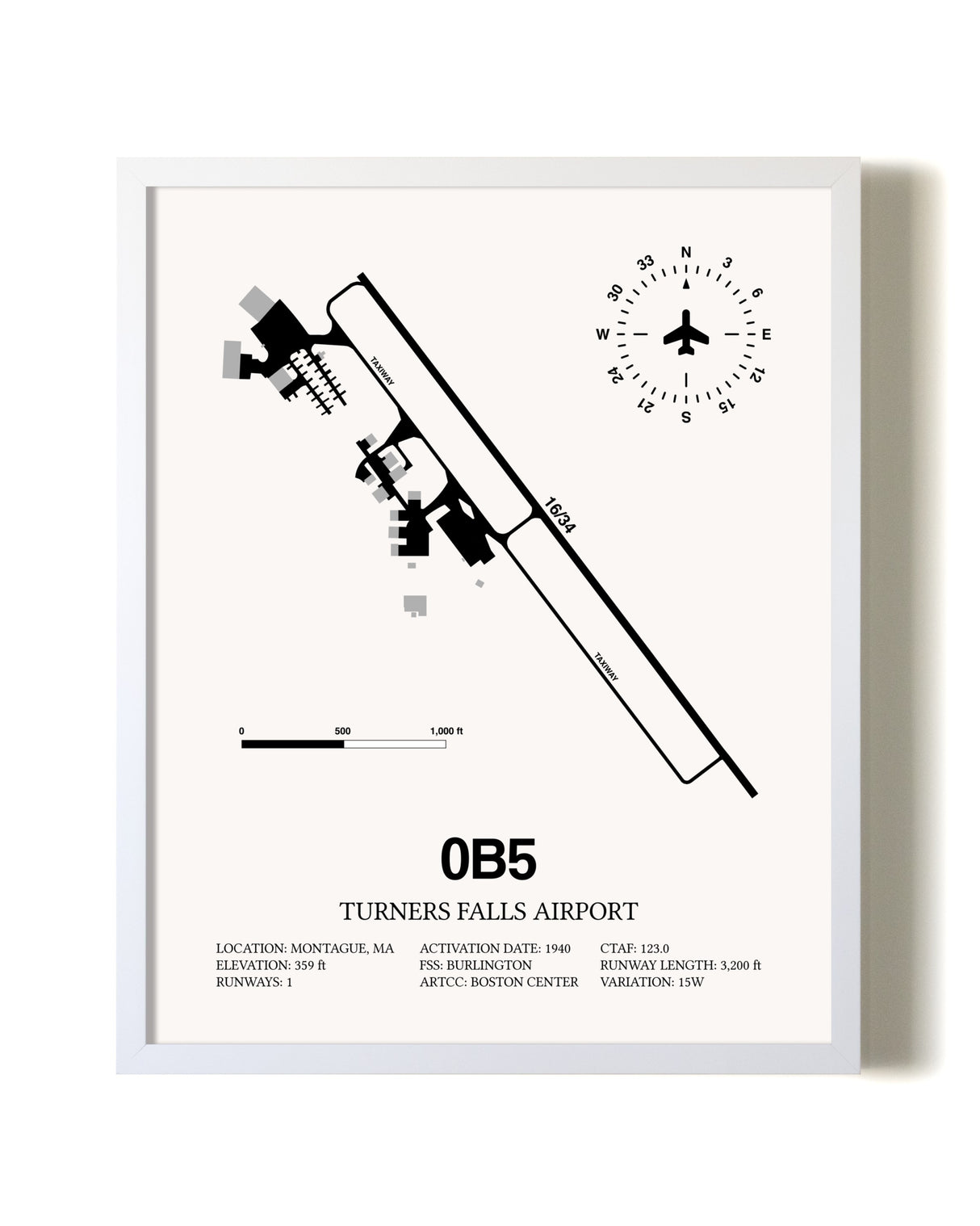 Turners Falls Airport airport map poster in oak frame