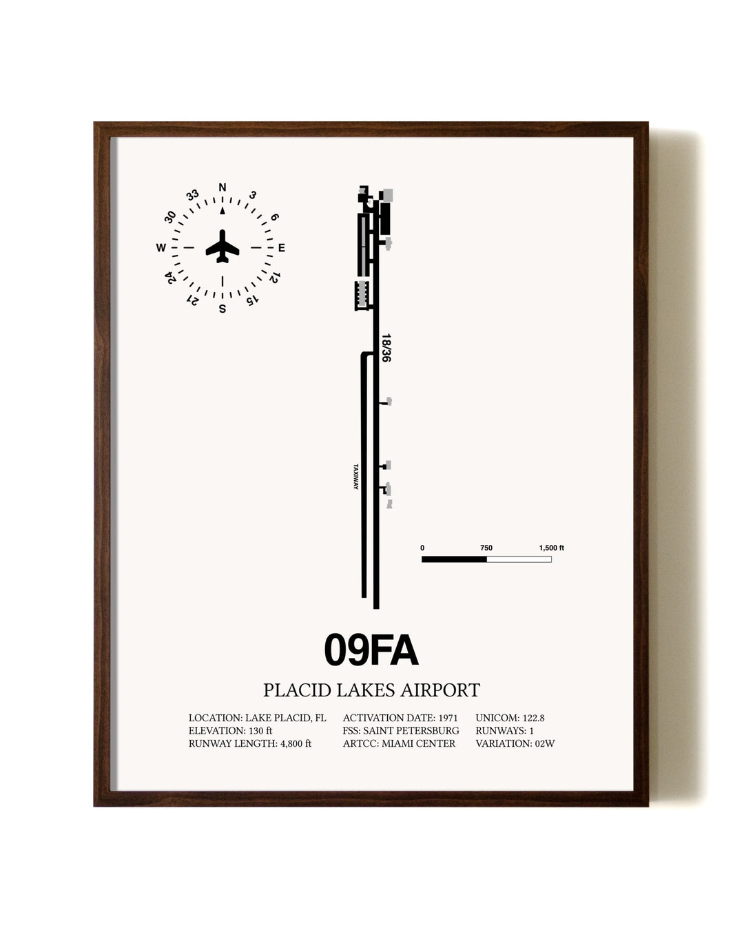 Placid Lakes Airport aviation print in walnut frame