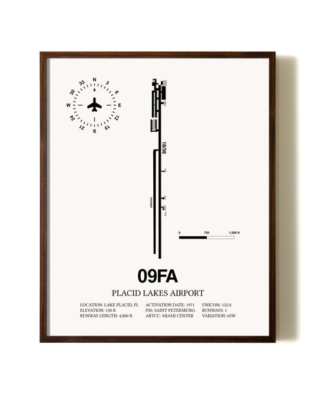 Placid Lakes Airport aviation print in walnut frame