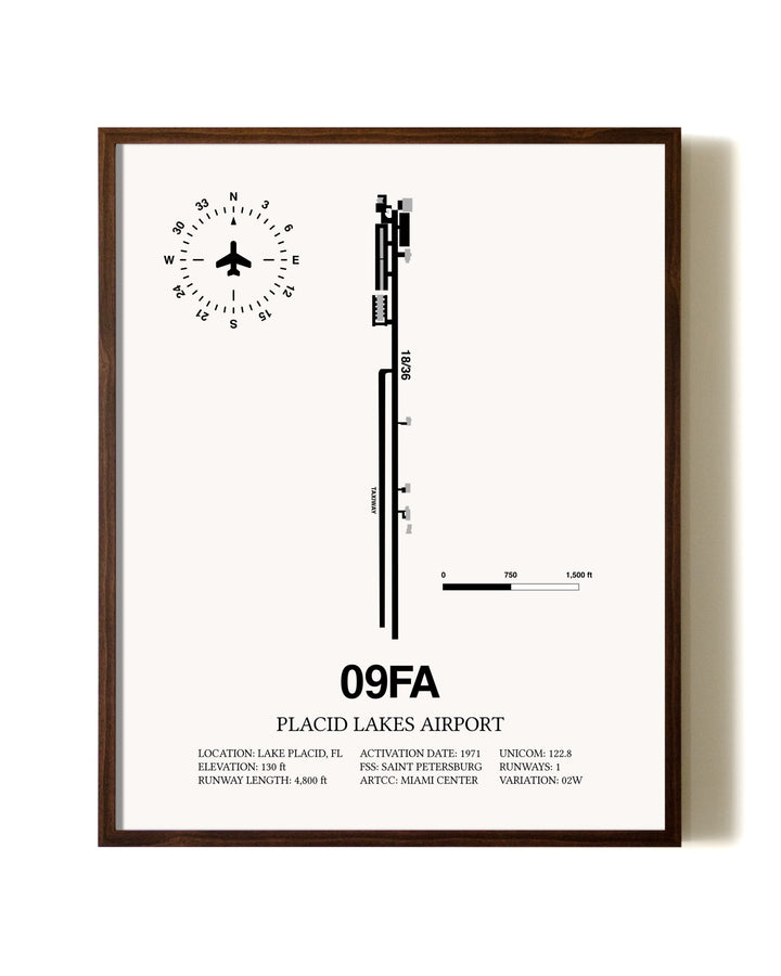 Placid Lakes Airport aviation print in walnut frame