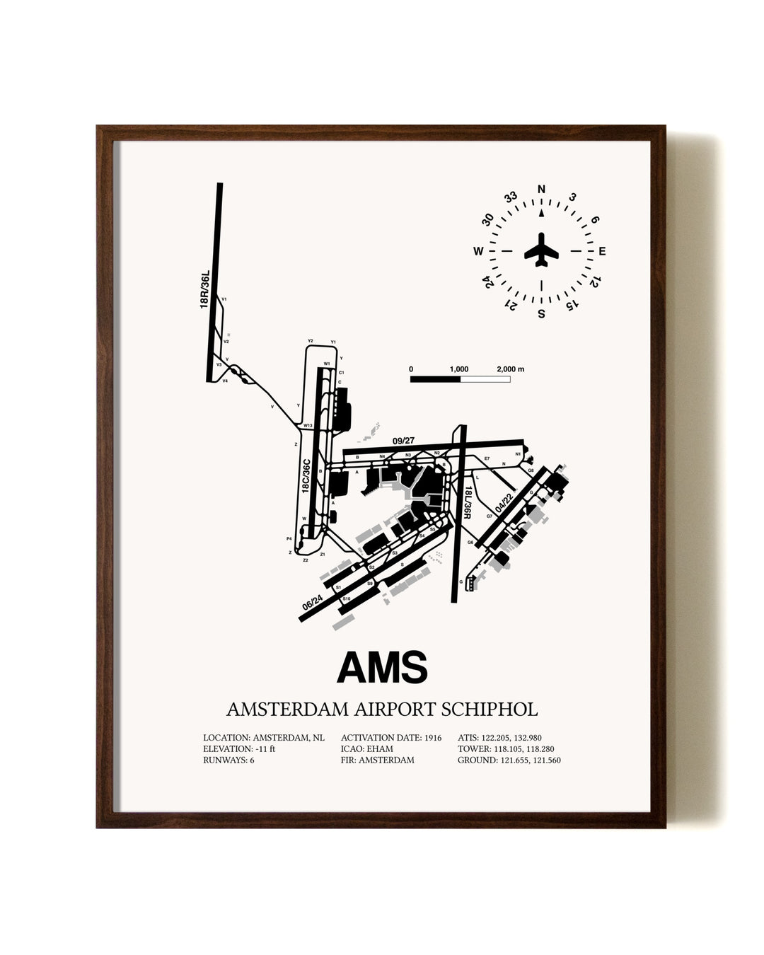 Amsterdam Airport Schiphol aviation print in walnut frame