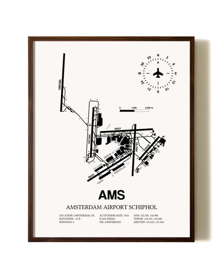 Amsterdam Airport Schiphol aviation print in walnut frame