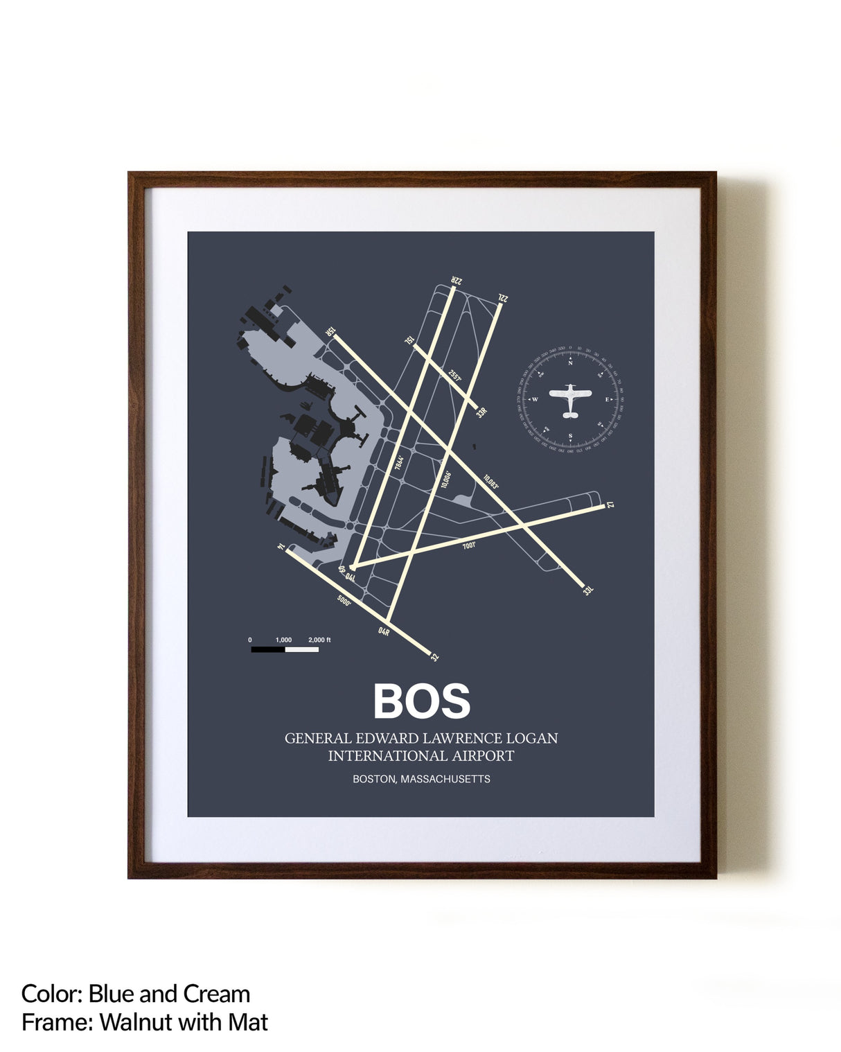 Boston Logan International Airport aviation print in walnut frame with mat