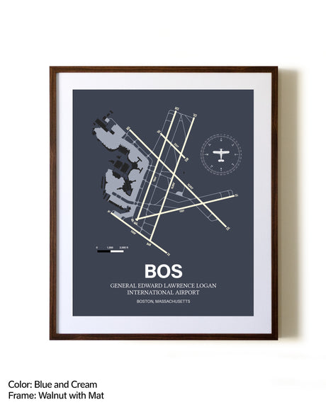 Boston Logan International Airport aviation print in walnut frame with mat