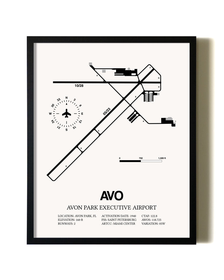 Framed Avon Park Executive Airport wall art poster in black frame