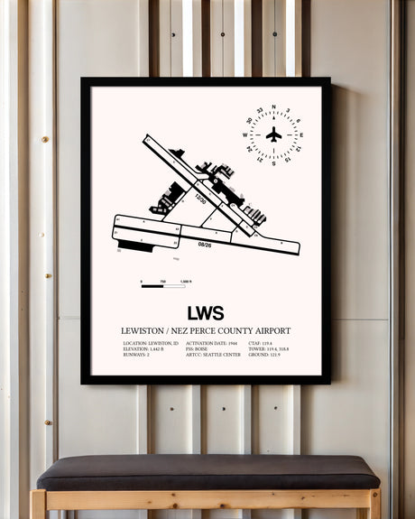 Lewiston / Nez Perce County Airport framed poster displayed in an airplane hangar
