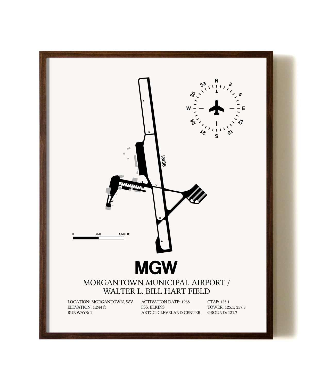 Morgantown Municipal Airport / Walter L. Bill Hart Field aviation print in walnut frame