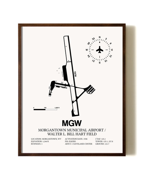 Morgantown Municipal Airport / Walter L. Bill Hart Field aviation print in walnut frame