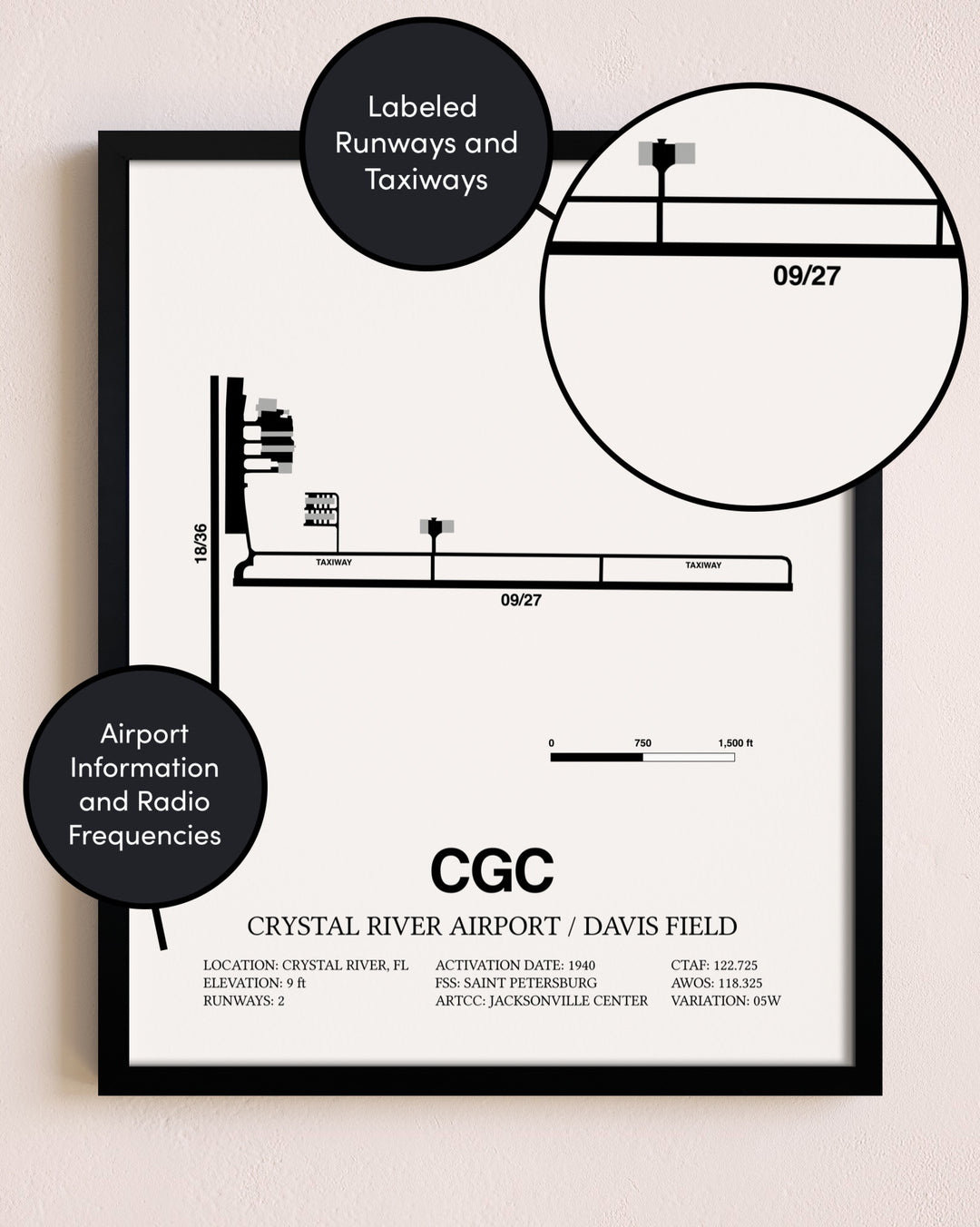Framed Crystal River Airport / Davis Field layout wall art poster
