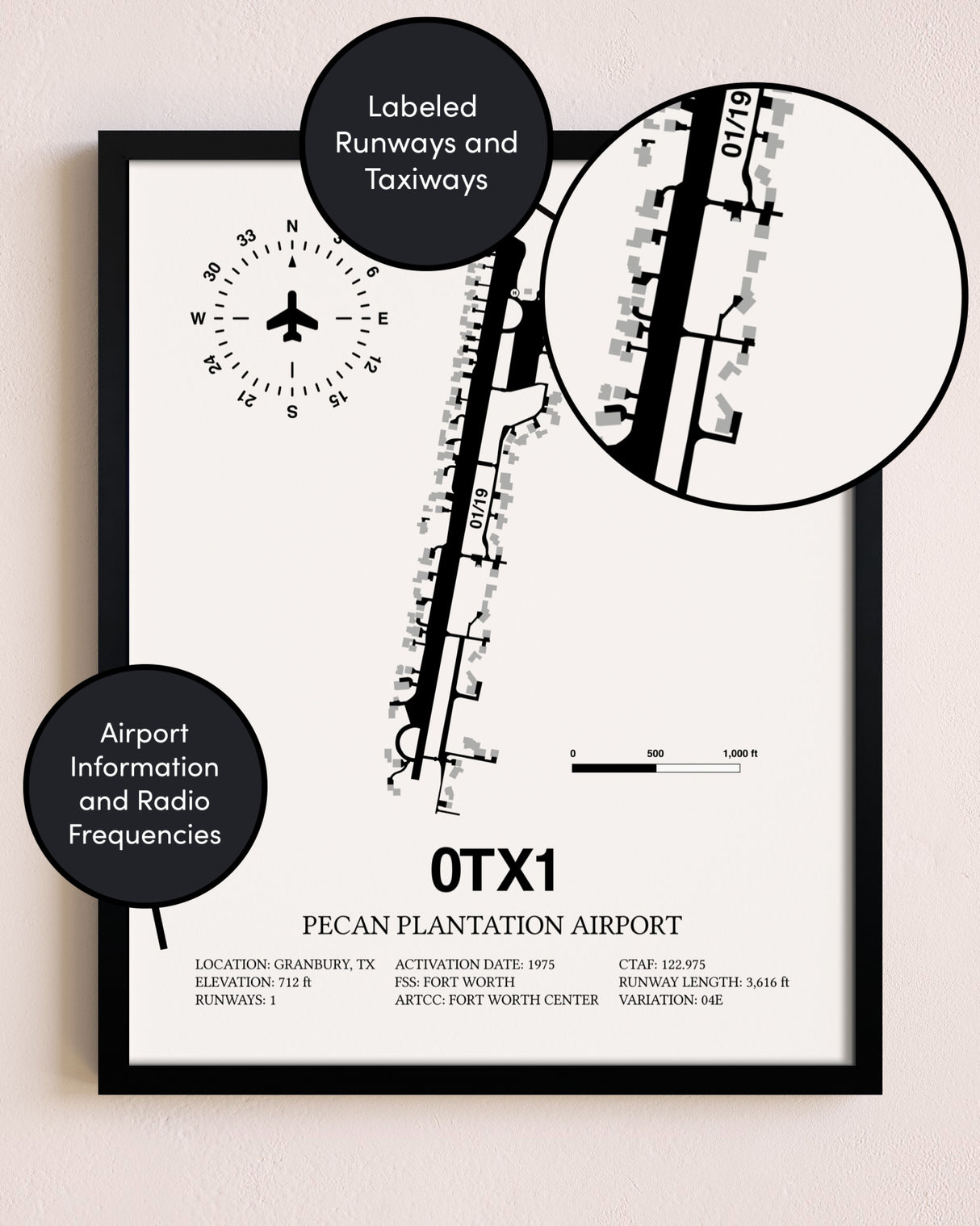 Framed Pecan Plantation Airport layout wall art poster