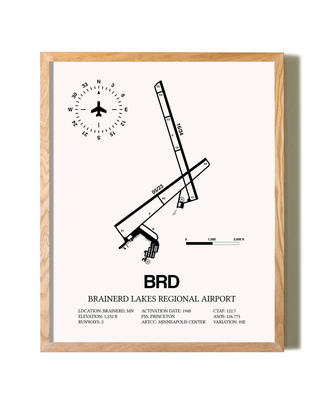 Brainerd Lakes Regional Airport framed print in natural wood frame