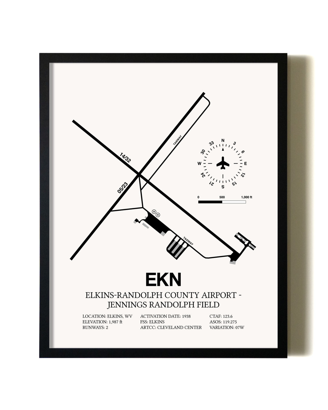 Framed Elkins-Randolph County Airport-Jennings Randolph Field wall art poster in black frame