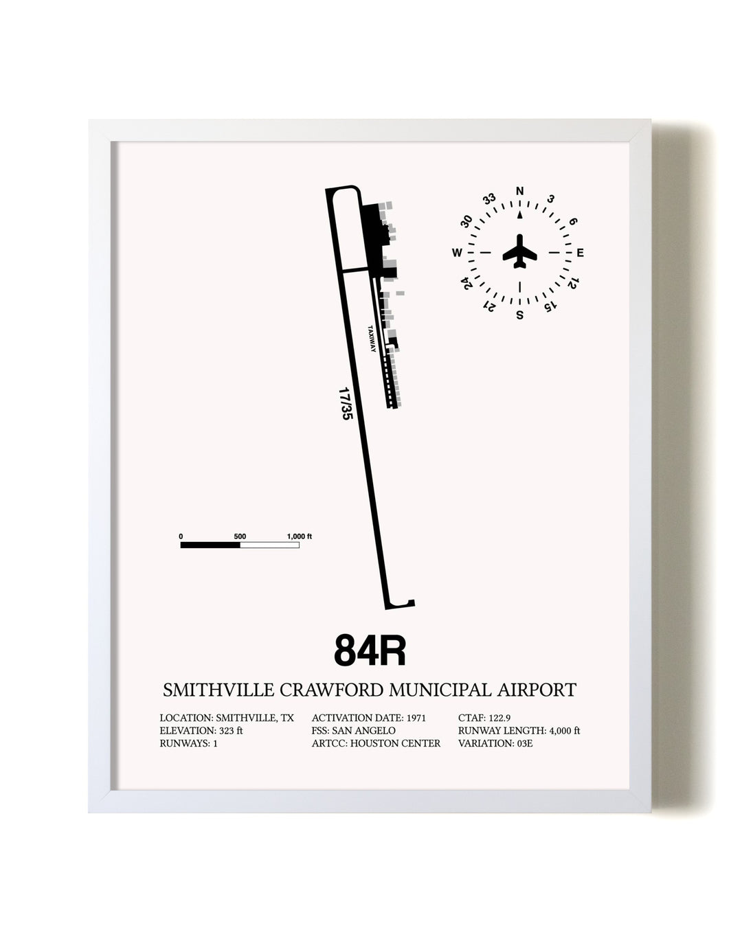 Smithville Crawford Municipal Airport airport map poster in oak frame