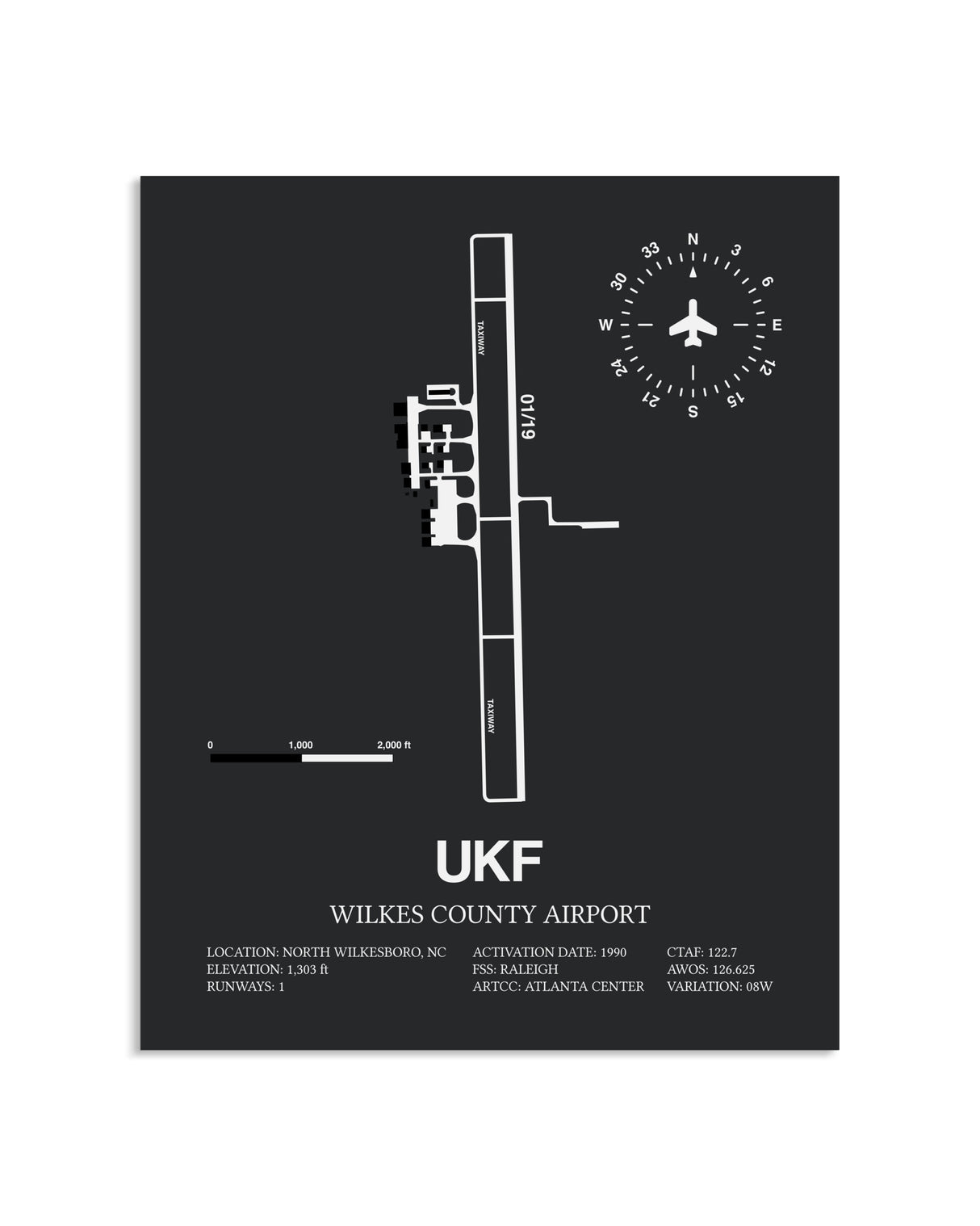 Gray Framed Wilkes County Airport layout wall art poster