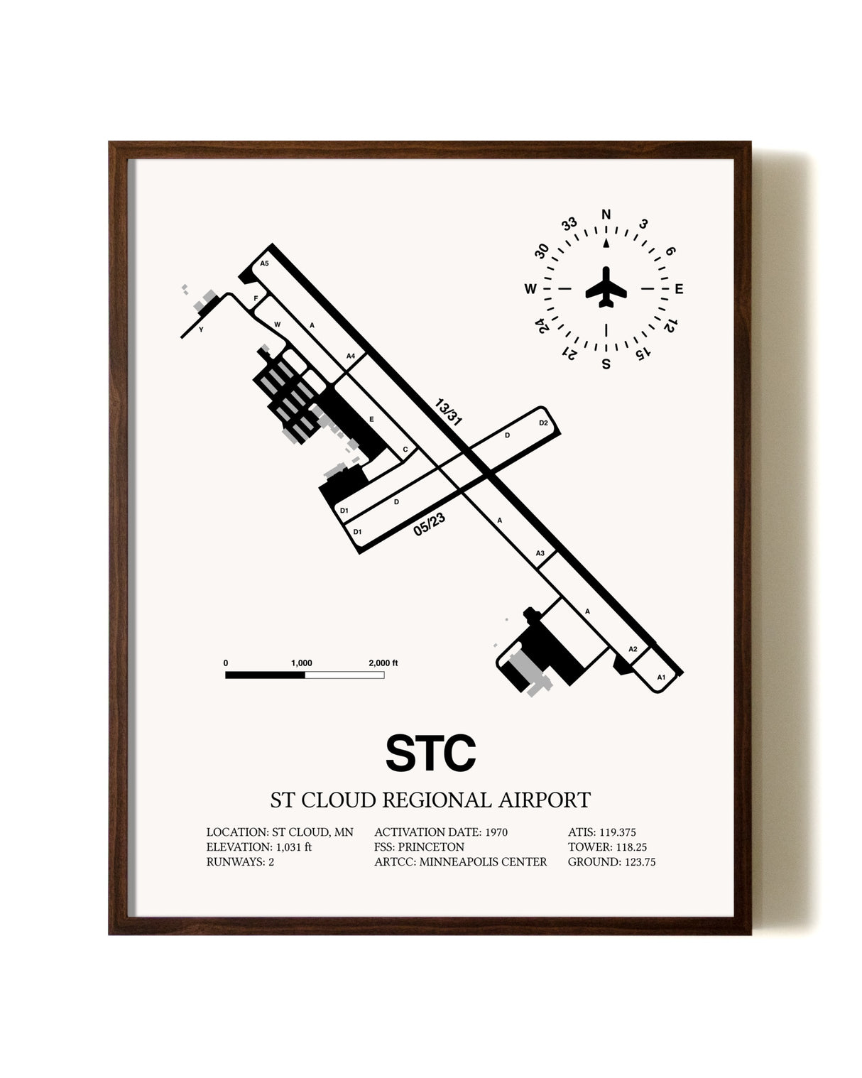 St. Cloud Regional Airport aviation print in walnut frame