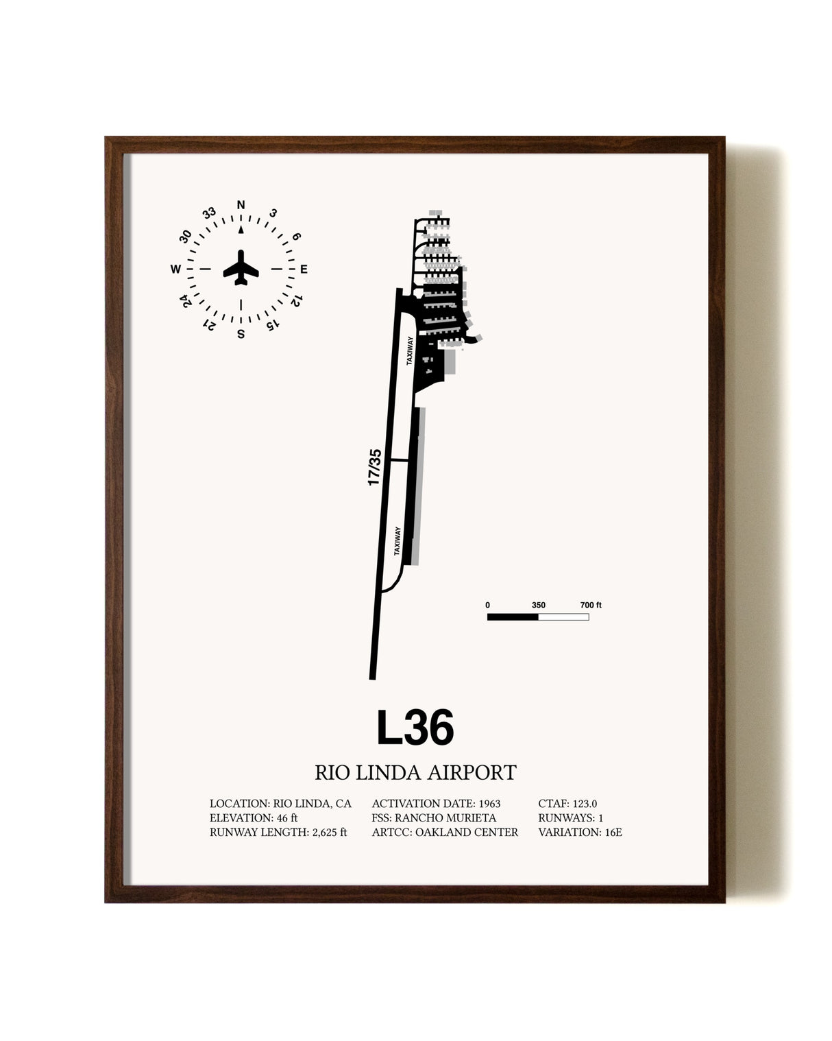 Rio Linda Airport aviation print in walnut frame