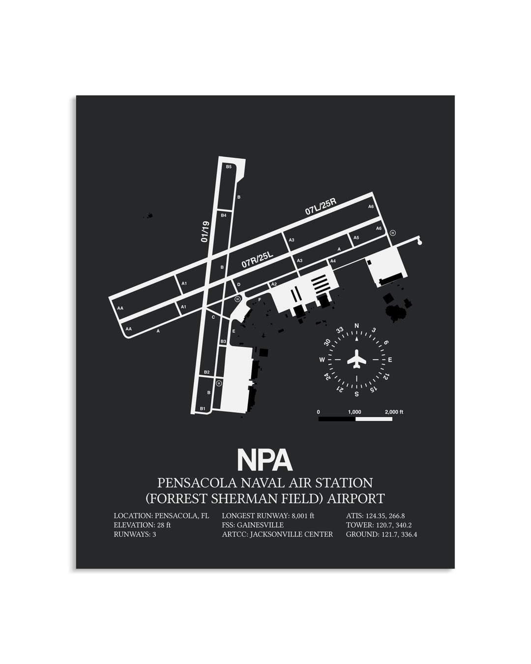 Gray Framed Pensacola Naval Air Station (Forrest Sherman Field) Airport layout wall art poster
