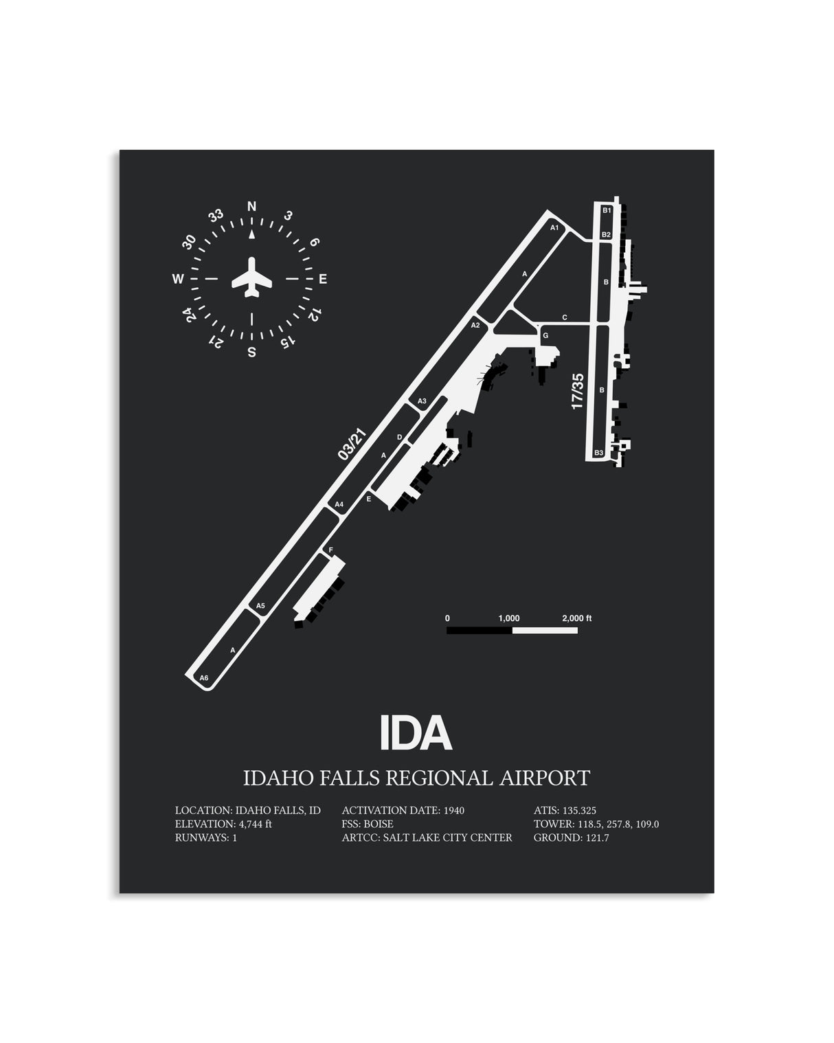Gray Framed Idaho Falls Regional Airport layout wall art poster