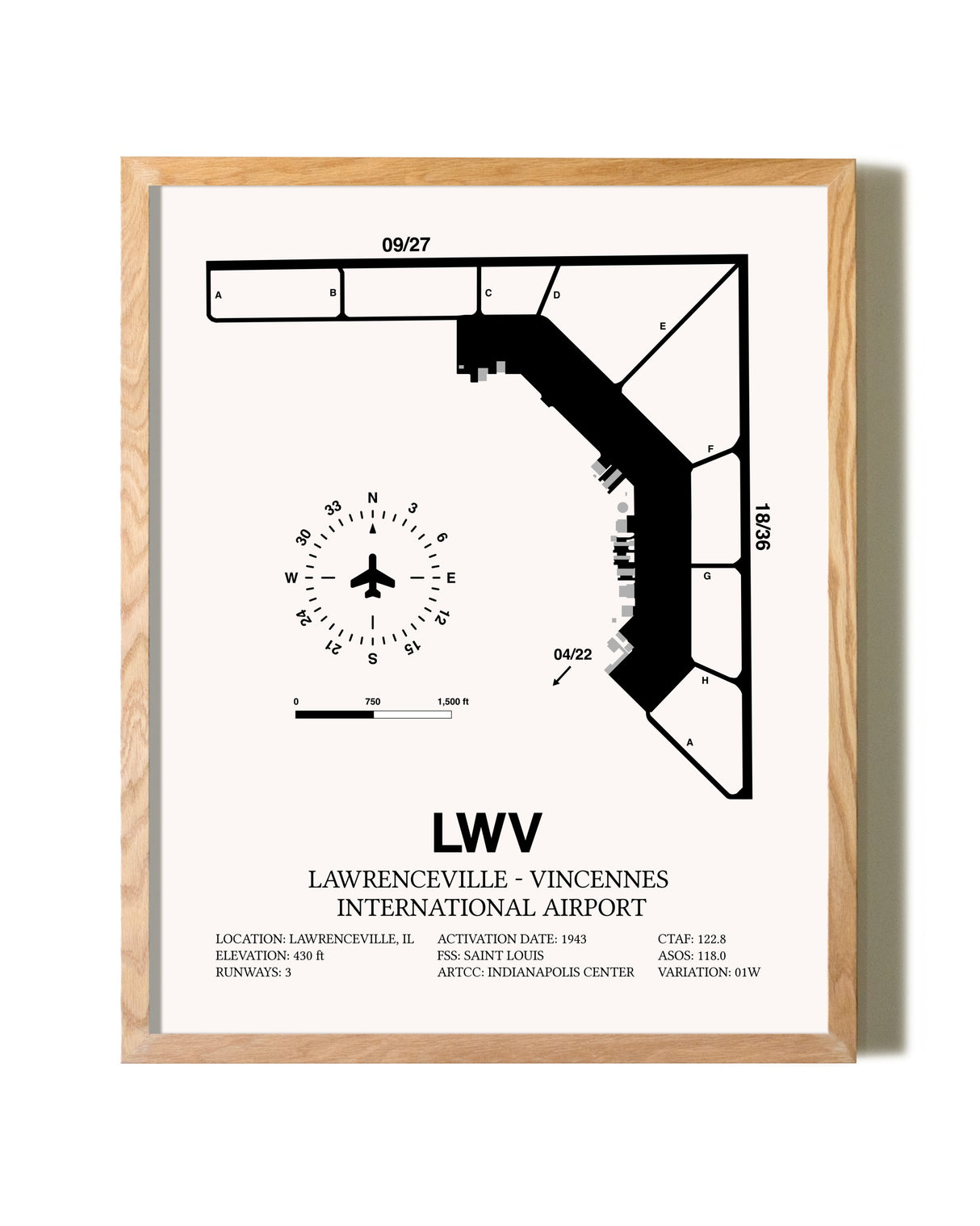 Lawrenceville-Vincennes International Airport framed print in natural wood frame