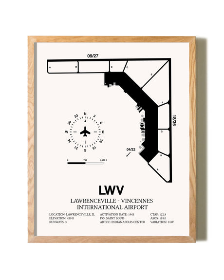 Lawrenceville-Vincennes International Airport framed print in natural wood frame
