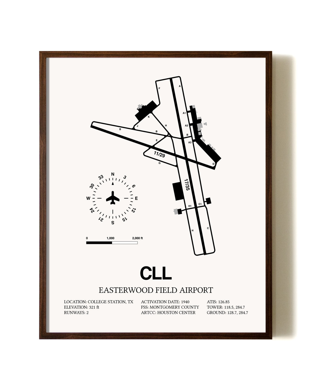 Easterwood Field Airport aviation print in walnut frame