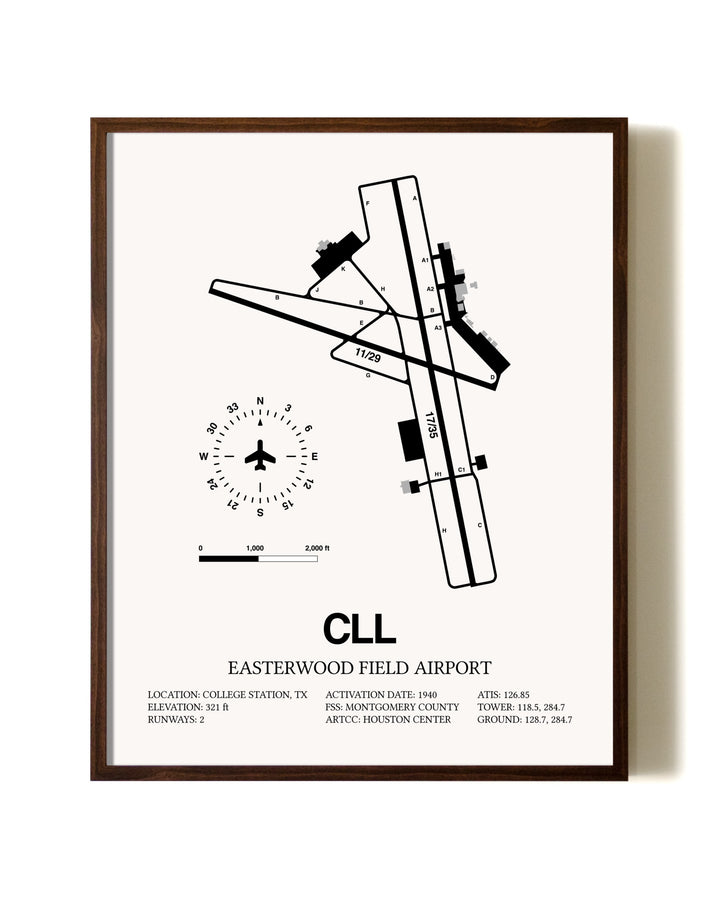 Easterwood Field Airport aviation print in walnut frame