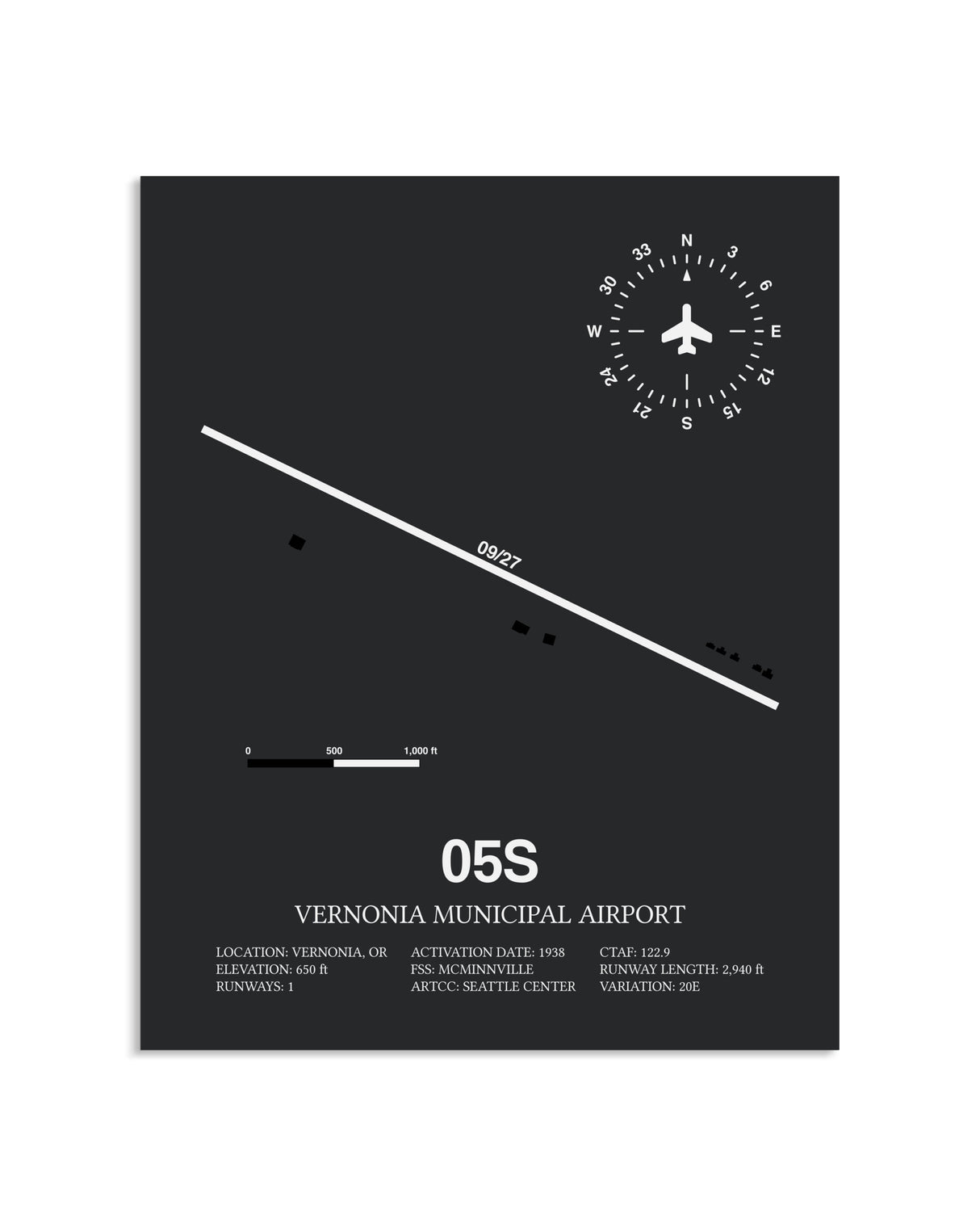 Gray Framed Vernonia Municipal Airport layout wall art poster