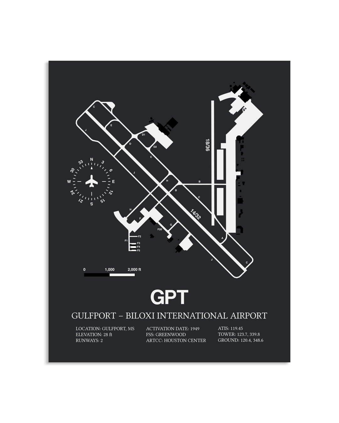 Gray Framed Gulfport-Biloxi International Airport layout wall art poster