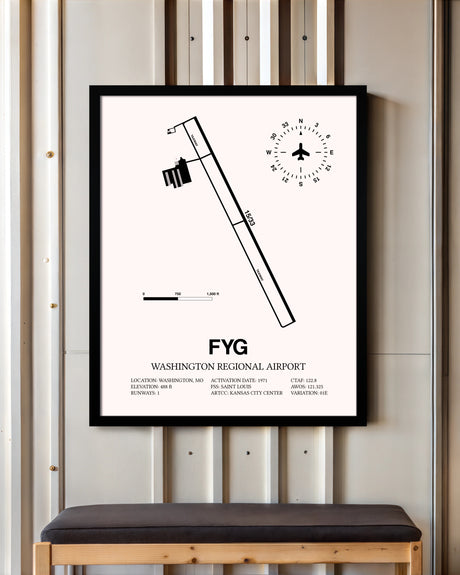 Washington Regional Airport framed poster displayed in an airplane hangar