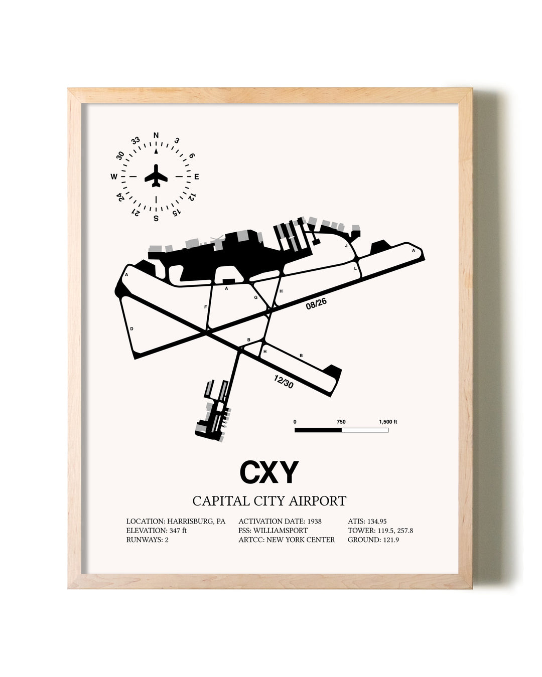 Capital City Airport framed wall art in white frame