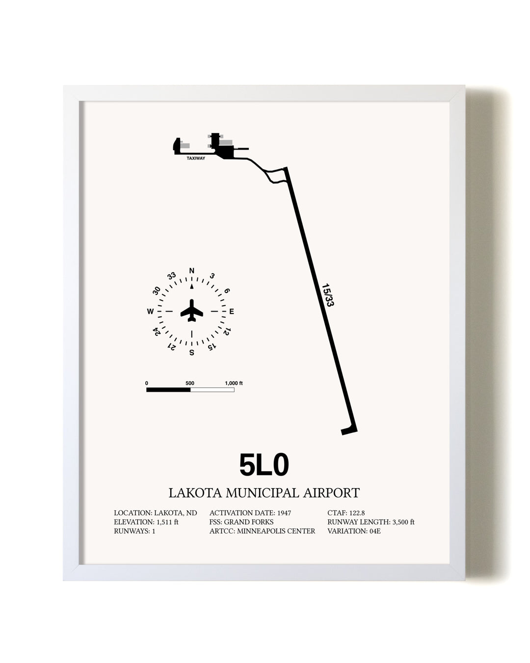 Lakota Municipal Airport airport map poster in oak frame