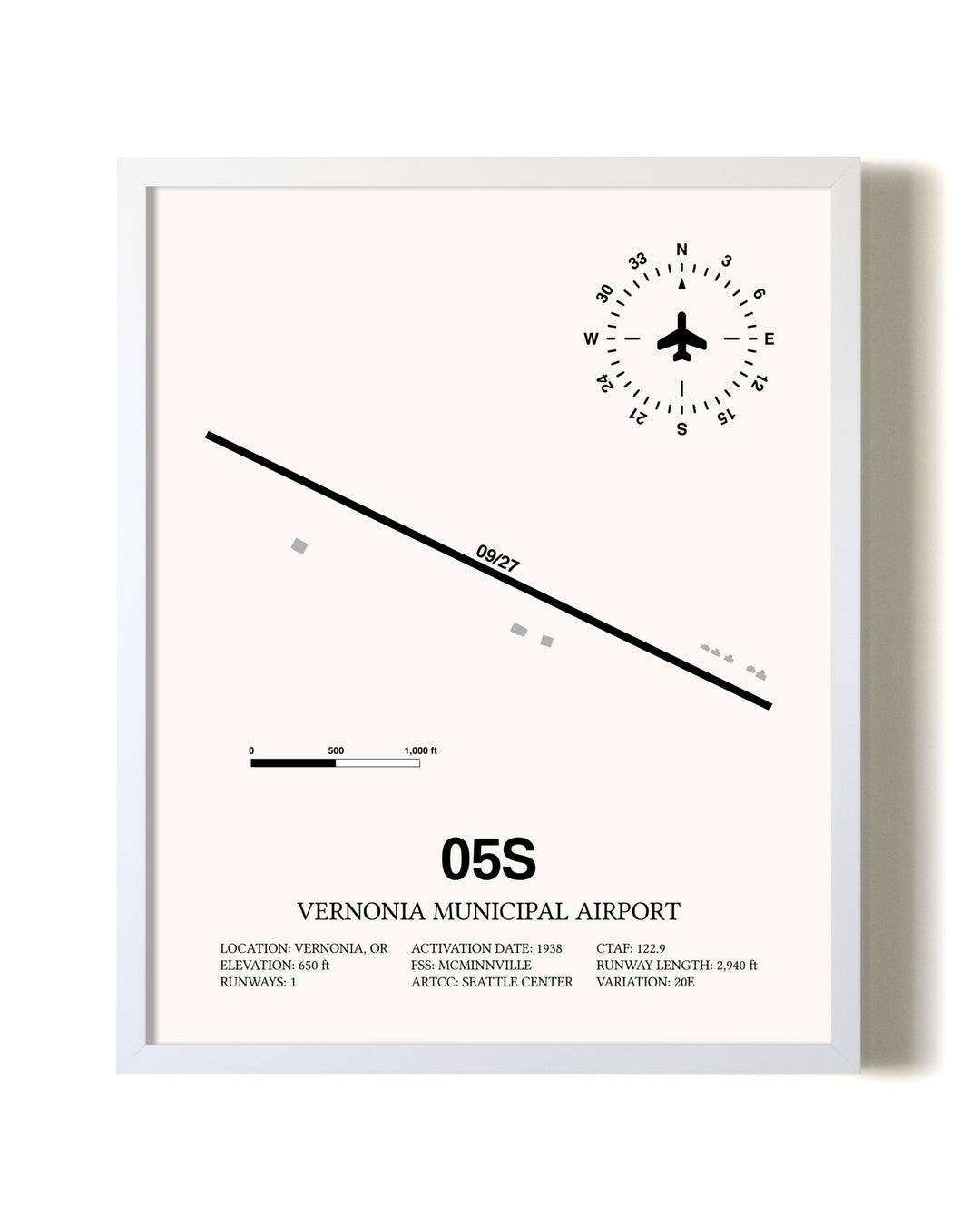 Vernonia Municipal Airport airport map poster in oak frame