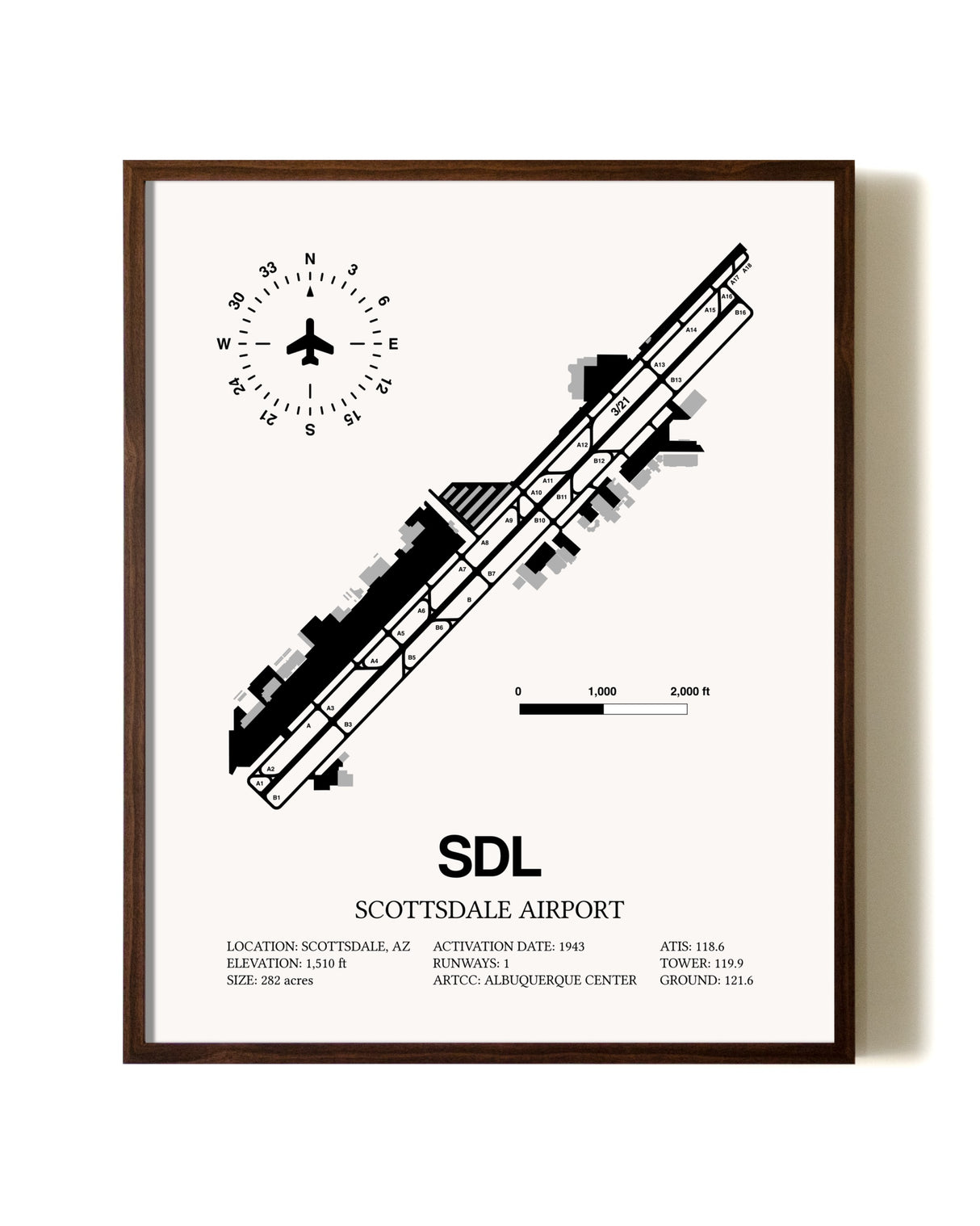 Scottsdale Airport aviation print in walnut frame