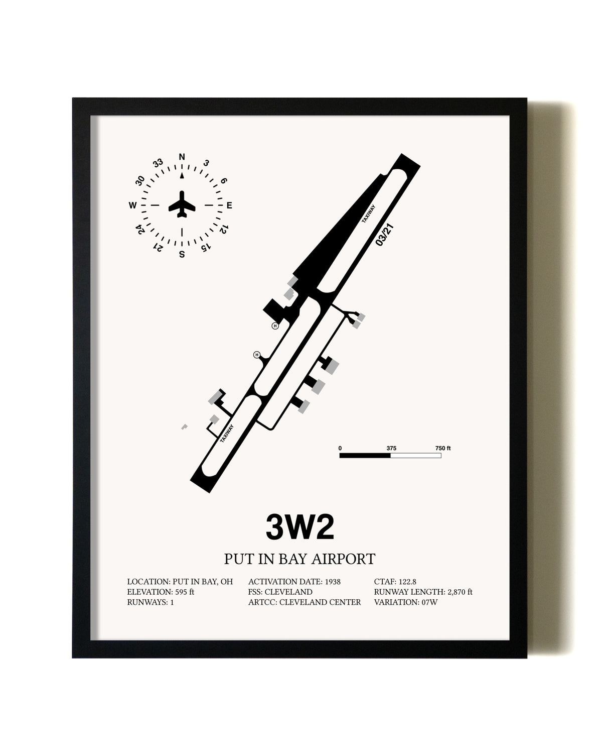 Framed Put in Bay Airport wall art poster in black frame
