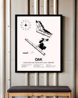 San Francisco Bay Oakland International Airport framed poster displayed in an airplane hangar