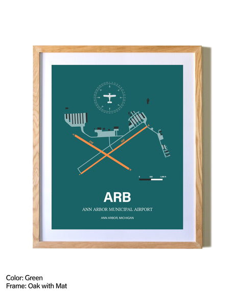 Ann Arbor Municipal Airport airport map poster in oak frame with mat
