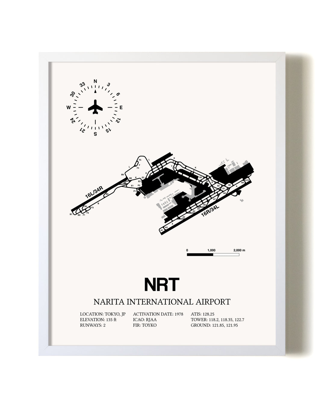 Narita International Airport airport map poster in oak frame