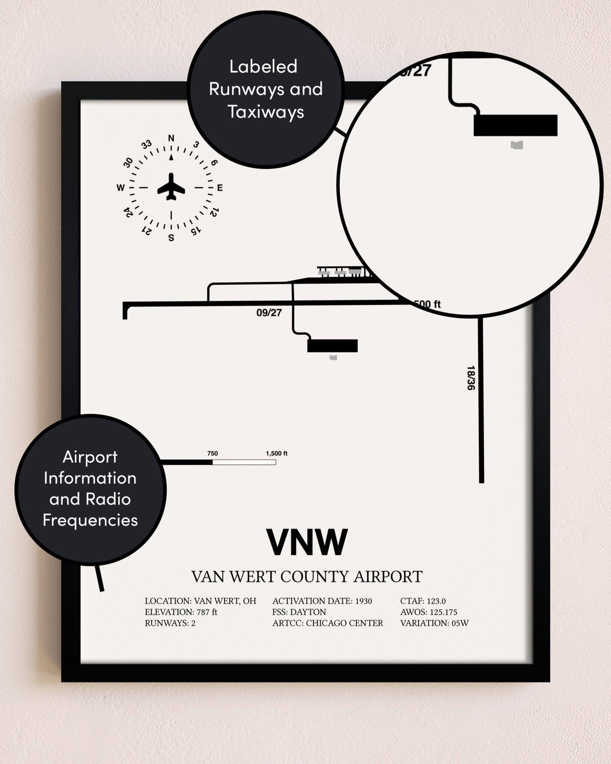 Framed Van Wert County Airport layout wall art poster