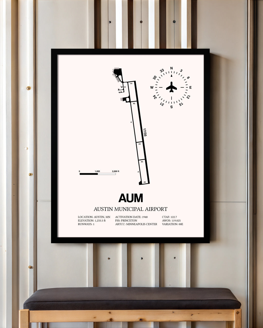 Austin Municipal Airport framed poster displayed in an airplane hangar