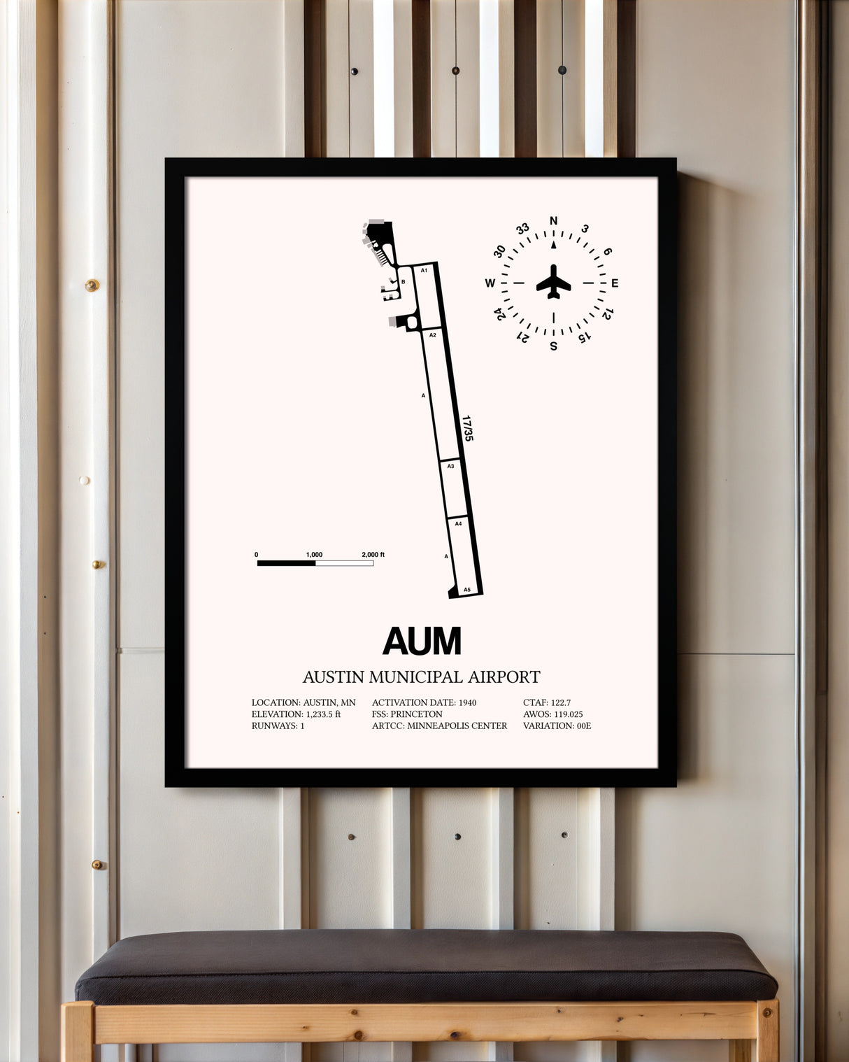 Austin Municipal Airport framed poster displayed in an airplane hangar