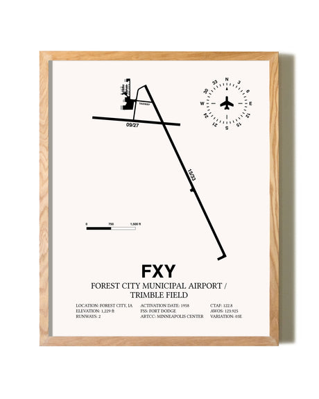 Forest City Municipal Airport / Trimble Field framed print in natural wood frame